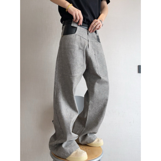 Dannyandzee spring retro cement gray washed canvas splicing PU leather micro-flared overalls men's trousers INS