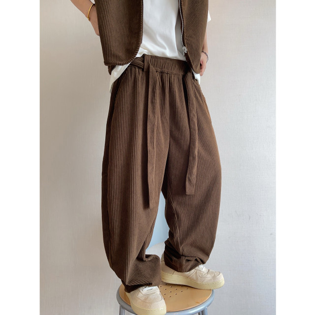 Dannyandzee spring retro chestnut brown thick strips drape corduroy ribbon machete pants casual pants