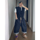 Dannyandzee summer retro versatile denim raw edge loose one-piece sleeveless three-quarter jeans for men INS