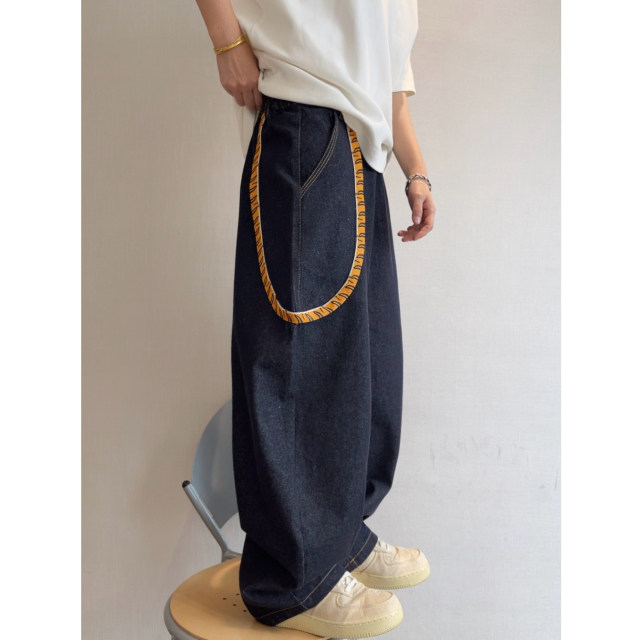 Dannyandzee spring retro all-match navy blue raw cow color tiger stripe web jeans men's scimitar pants INS