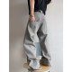 Dannyandzee spring retro cement gray washed canvas splicing PU leather micro-flared overalls men's trousers INS