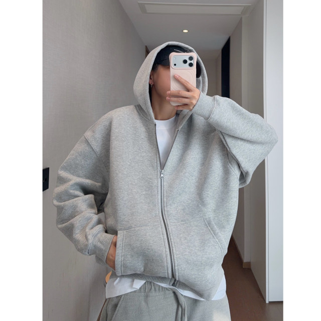 Dannyandzee winter retro versatile 350g heavy velvet thickened warm hooded zipper sweatshirt for men and women