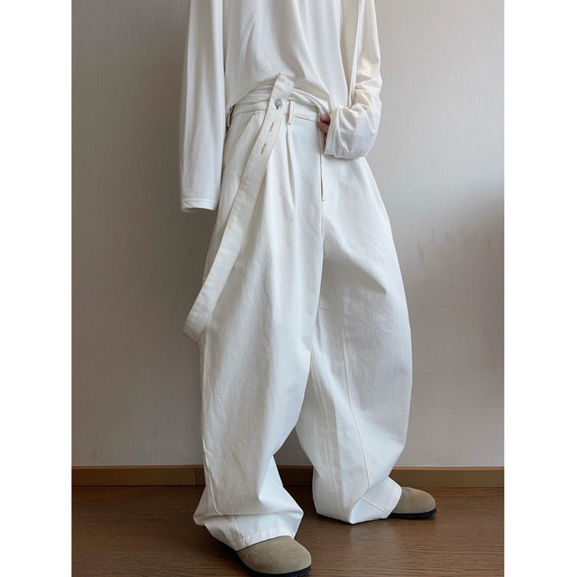 Dannyandzee spring retro versatile washed old loose white overalls men's straight pants INS