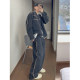 Dannyandzee spring and summer charcoal gray beaded canvas raw edge webbing spliced ​​straight pants men's overalls trousers INS
