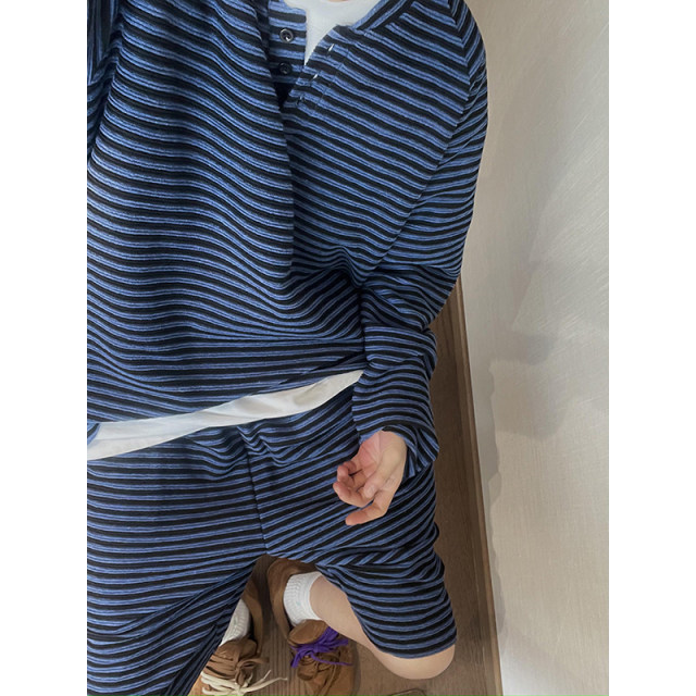 Dannyandzee spring retro all-match lazy blue and black henley collar long-sleeved shorts striped suit for men INS