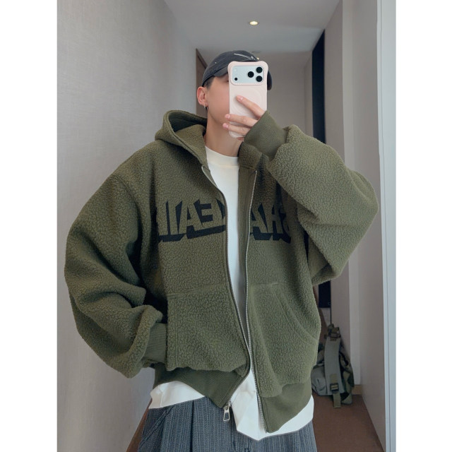Dannyandzee winter retro thickened double-sided brushed warm hooded zipper letter sweatshirt jacket for men INS
