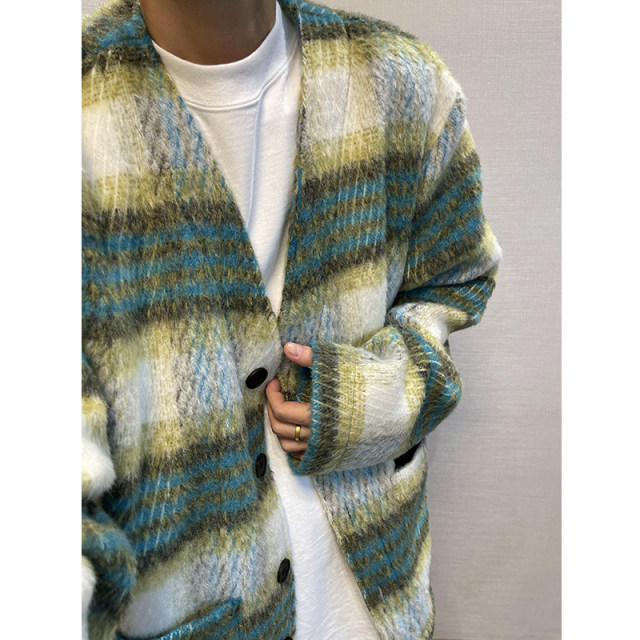 Green plaid plush V-neck woolen jacket