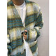 Green plaid plush V-neck woolen jacket