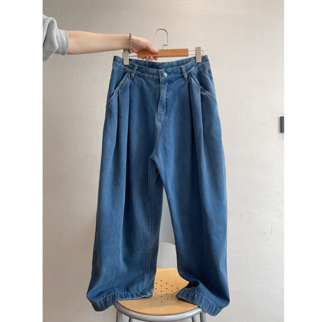 Dannyandzee winter retro heavy washed blue plus velvet thickened warm wide leg jeans men's trousers INS