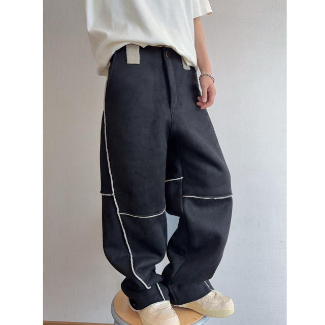 Dannyandzee winter retro heavyweight velvet thickened warm and stain-resistant black fur one-piece casual pants for men