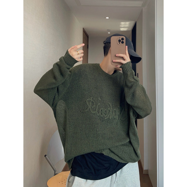 Dannyandzee spring and summer retro loose three-dimensional letter hook pattern stacked semi-transparent hollow thin sweater for men