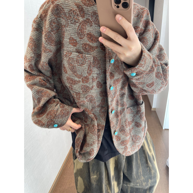 Dannyandzee spring retro cashew flower turquoise buckle contrast jacquard collarless woolen jacket for men
