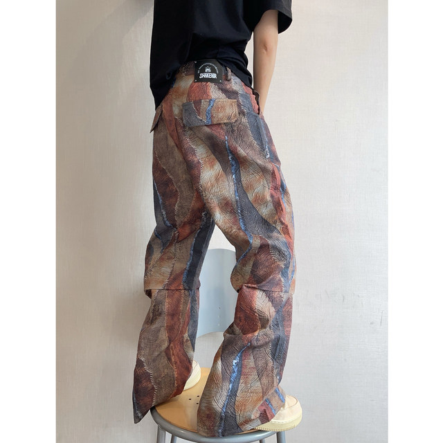 Dannyandzee spring retro handsome pleated stitching digital printing small straight casual pants men's trousers INS