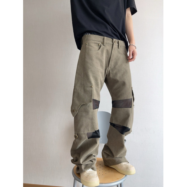 Dannyandzee spring and summer retro old army green canvas splicing mesh low-waist overalls scimitar pants for men