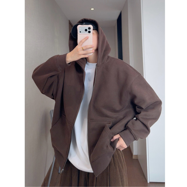 Dannyandzee winter retro versatile 350g heavy velvet thickened warm hooded zipper sweatshirt for men and women