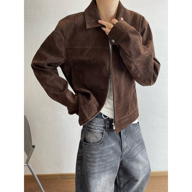 Dannyandzee spring retro versatile dark brown lapel fitted suede PU leather jacket for men INS
