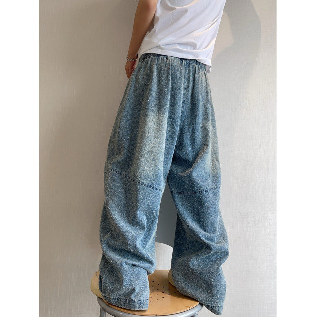 Dannyandzee spring and summer ripped heavy washed loose kangaroo pocket elastic waist ripped hook pattern jeans for men INS