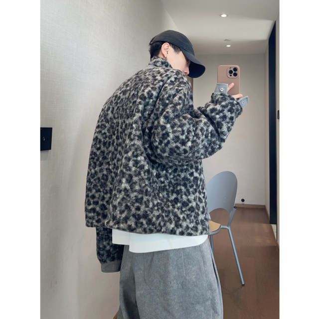 Dannyandzee spring retro cement gray leopard print material splicing reversible warm jacket for men