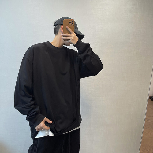 dannyandzee秋季潮牌百搭纯色235g棉二本针圆领长袖T恤男打底衫 - 图1