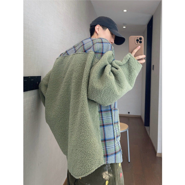 Dannyandzee spring retro ice cream green plaid velvet warm thickened collarless coat jacket for men