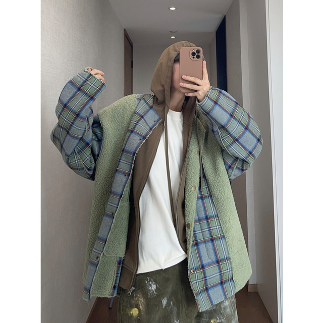 Dannyandzee spring retro ice cream green plaid velvet warm thickened collarless coat jacket for men