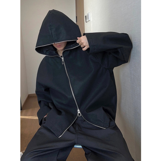Dannyandzee spring retro handsome black hooded PU leather silver zipper windproof jacket for men INS