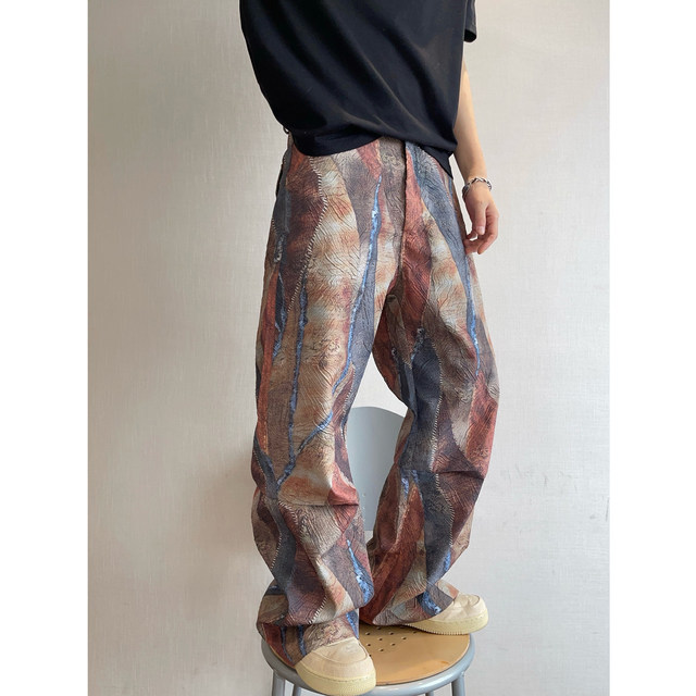 Dannyandzee spring retro handsome pleated stitching digital printing small straight casual pants men's trousers INS