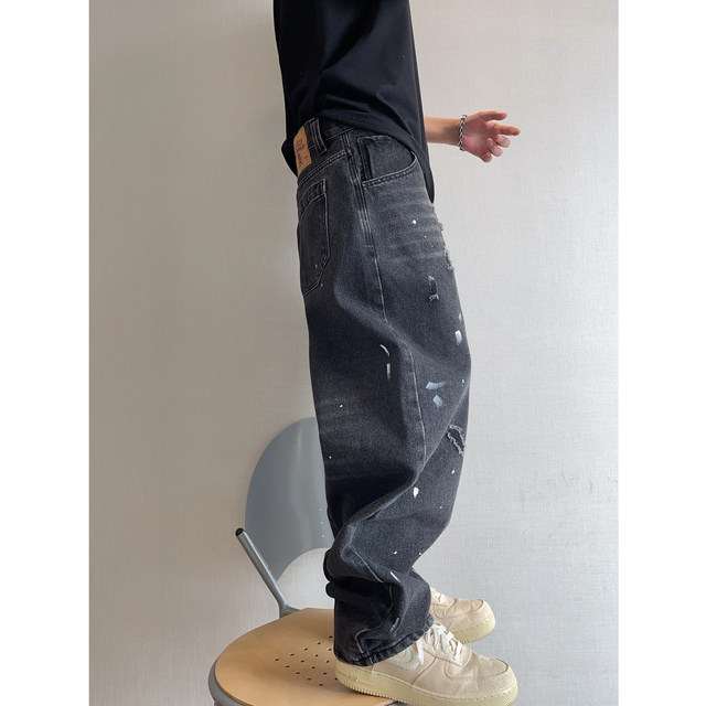 Dannyandzee Spring Retro Heavy Washed Hole Paint Spot Spray Paint Scimitar Pants Black Jeans Men's Trousers