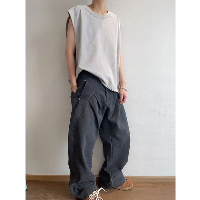 Dannyandzee 230g heavy cotton wash and fried color breast spliced ​​short sleeveless sweat vest vest men