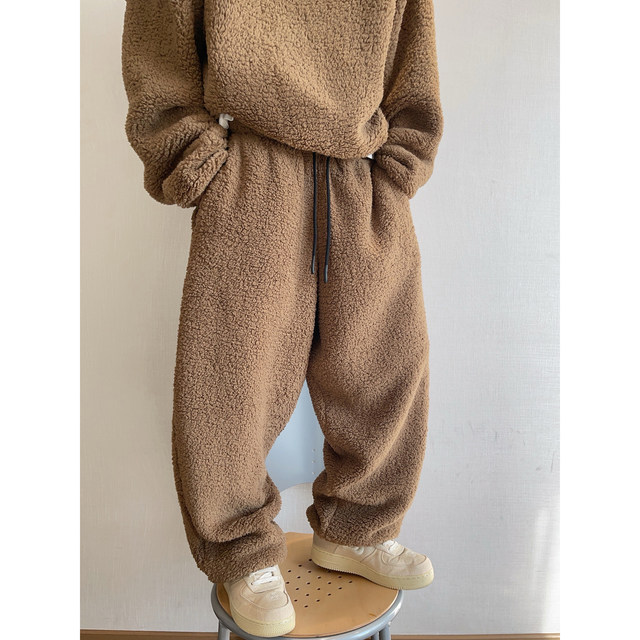 Dannyandzee winter warm plus velvet thickened cloud velvet solid color loose elastic waist warm sweatpants for men INS