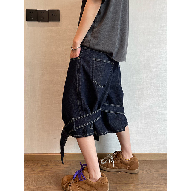 Dannyandzee summer retro all-match loose silhouette denim color double ribbon denim shorts five-quarter pants for men