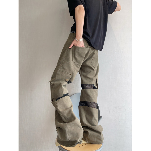 Dannyandzee spring and summer retro old army green canvas splicing mesh low-waist overalls scimitar pants for men