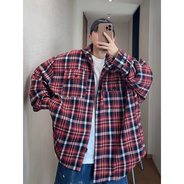 Dannyandzee spring retro all-match loose red and blue large plaid exaggerated stand collar zipper jacket for men
