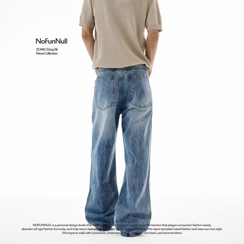 NOFUNNULL美式cleanfit水洗闪电纹牛仔裤男女复古宽松拖地直筒裤-图3