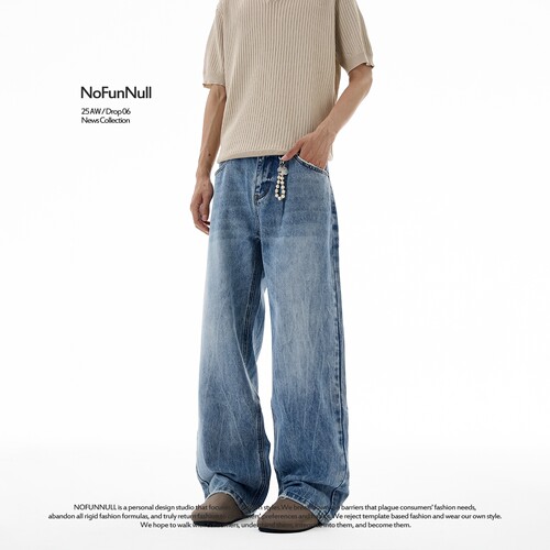 NOFUNNULL美式cleanfit水洗闪电纹牛仔裤男女复古宽松拖地直筒裤-图2