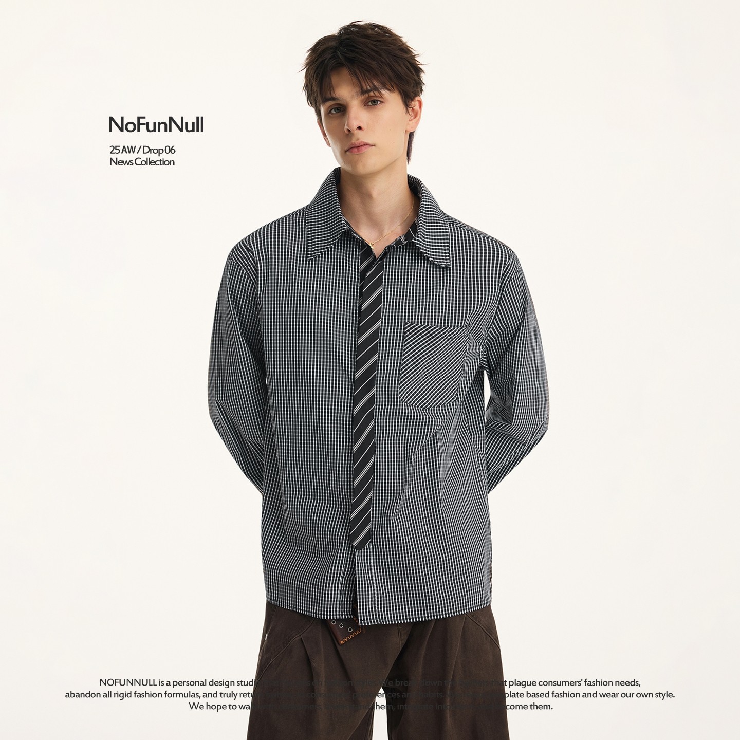 NOFUNNULL 假两件领带高质长袖衬衫男秋季新款老钱风拼接格子上衣,淘宝优惠券,粉丝福利购,淘宝优惠卷