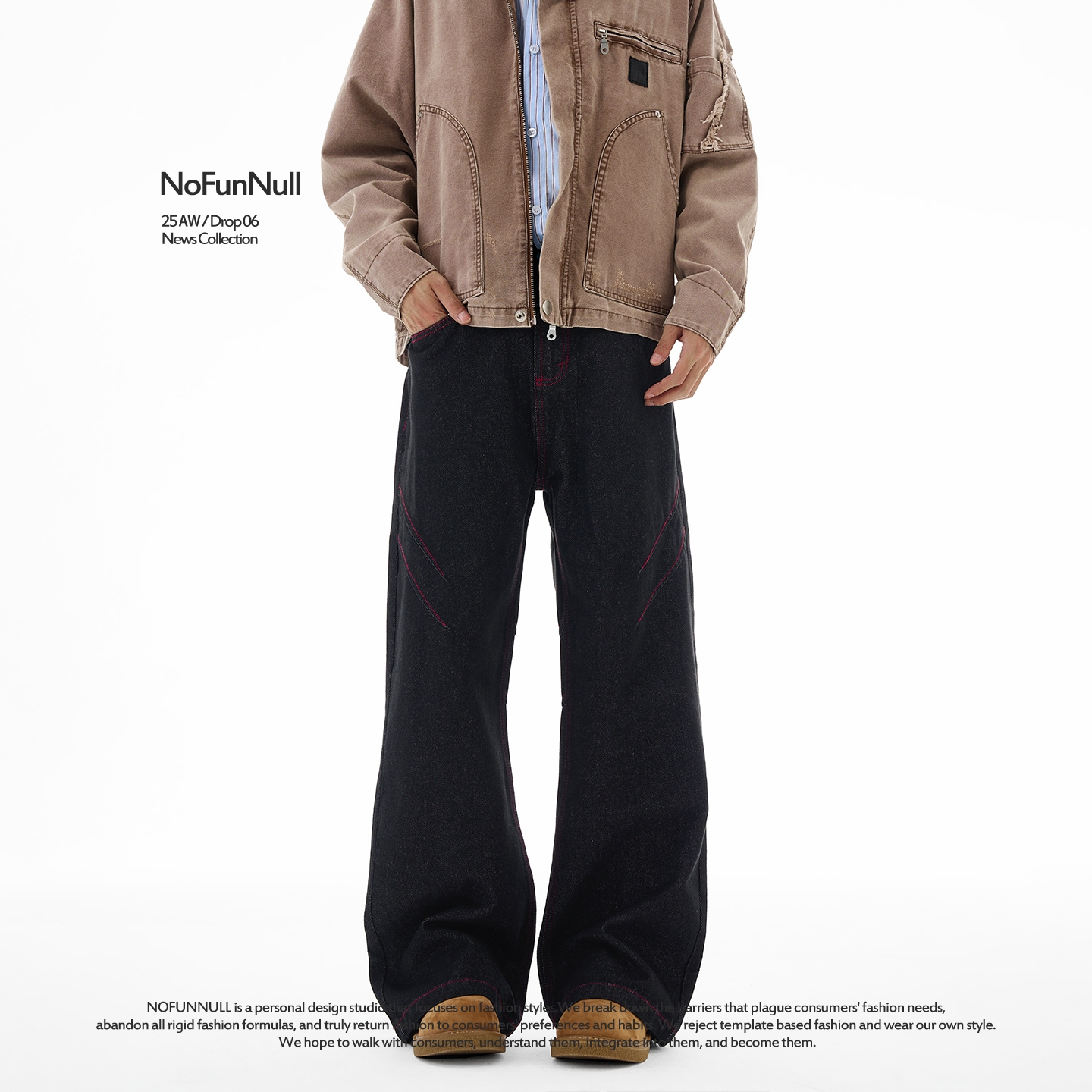 NOFUNNULL 13盎司牛王赤耳丹宁红线美式cleanfit原色直筒牛仔裤男 - 图1