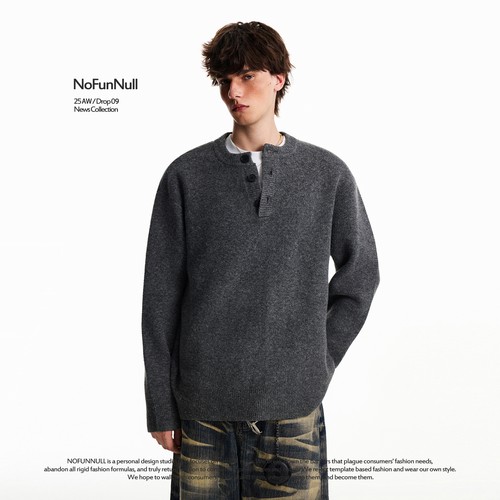 NOFUNNULL 美式亨利领纽扣套头毛衣男秋冬宽松休闲圆领针织衫上衣 - 图0