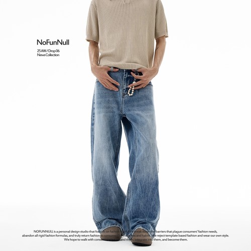NOFUNNULL美式cleanfit水洗闪电纹牛仔裤男女复古宽松拖地直筒裤-图1