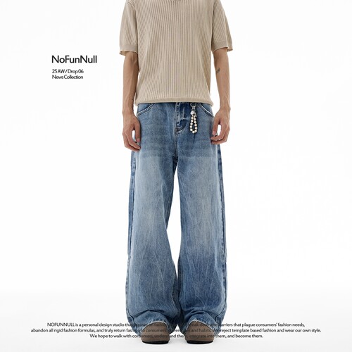 NOFUNNULL美式cleanfit水洗闪电纹牛仔裤男女复古宽松拖地直筒裤-图0