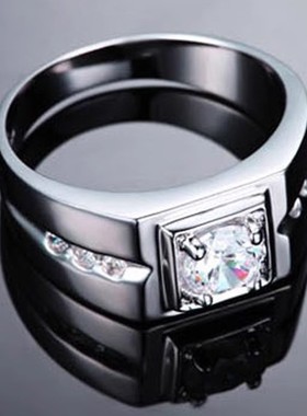 925纯银镀18K白金 霸气个性男人老板戒指 活口仿真钻戒简约大男戒