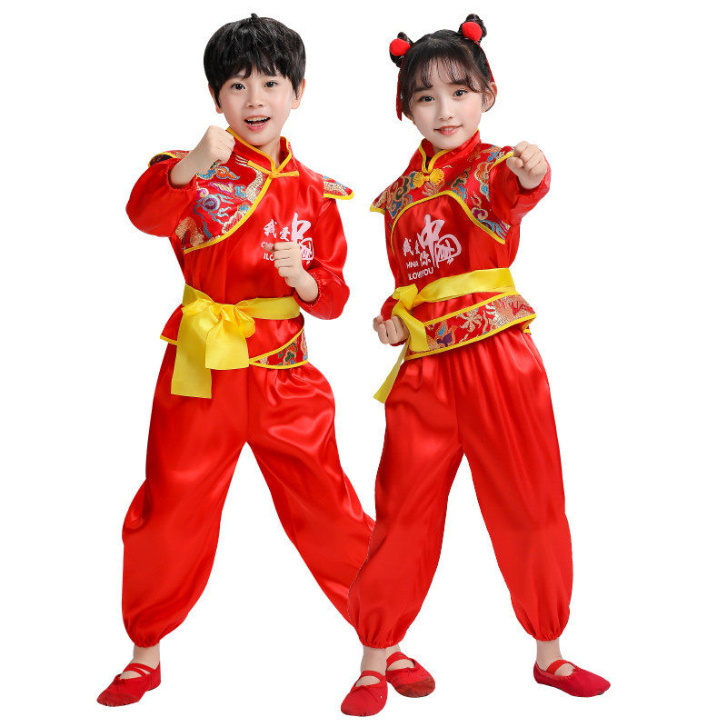 儿童打鼓服开门红演出服中国风喜庆幼儿秧歌舞蹈表演服腰鼓队服装 - 图2