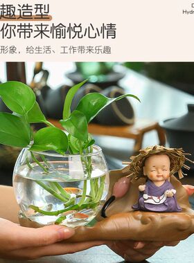 办公桌干花新款装饰品电视柜草帽器皿花瓶客厅小和尚绿萝水培插花