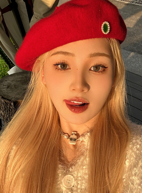 hucares原创「Santa Girl」复古羊毛贝雷帽显白定染红色百搭画家