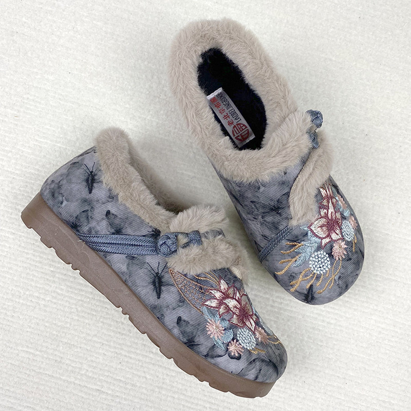 冬季新款加绒加厚保暖女士棉鞋复古民族绣花妈妈老北京平底棉鞋,淘宝优惠券,粉丝福利购,淘宝优惠卷