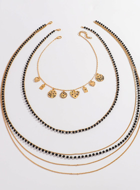 跨境个性潮流设计感多层串珠链条叠戴合金几何形图案吊坠项链