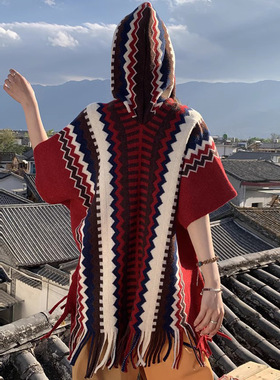 民族风披肩女装春秋冬款加厚保暖带帽子斗篷云南西藏旅行红色斗篷