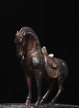 古玩铜器收藏仿古实心铜小唐马摆件骏马带马鞍马驹小铜马把件唐马