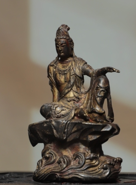 坐石自在观音菩萨神佛像纯黄铜器雕拓金藏佛家居佛堂桌面装饰摆件