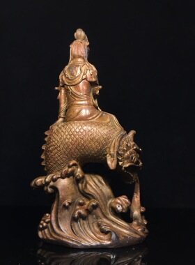 自在龙鱼观世音菩萨神佛像纯黄铜客厅佛堂供佛桌面装饰品复古摆件